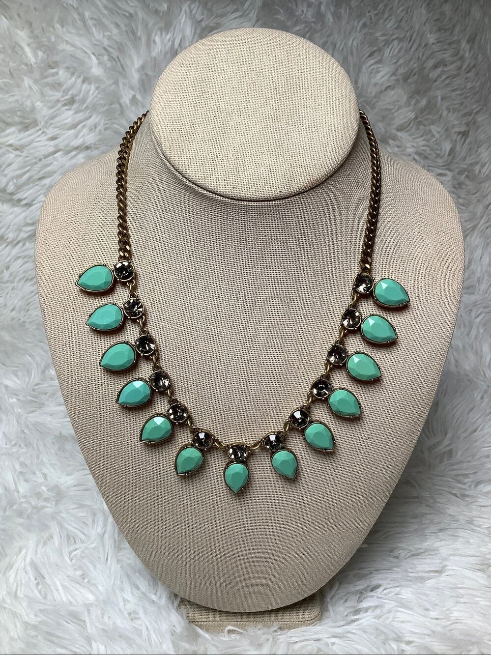 J. Crew Gold Tone Crystal Turquoise Teardrop Angelica Necklace Boho Chic F11-27